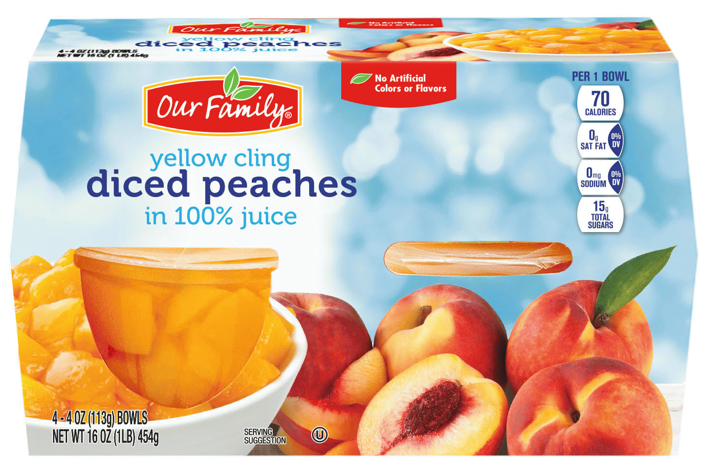 Our Family  diced peaches in 100% juice, yellow cling, 4-oz. plastic tubs Full-Size Picture